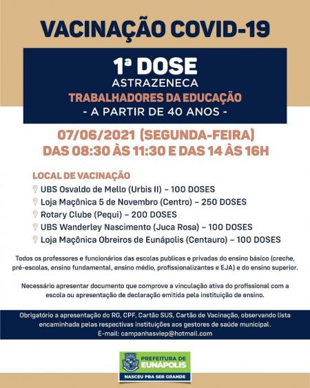 VACINEUNÁPOLIS – 1ª DOSE PARA OS PROFISSIONAIS DA EDUCAÇÃO A PARTIR DE 40 ANOS – Segunda-feira (07/06)