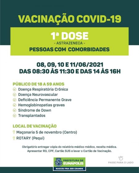 EUNÁPOLIS: VACINA COVID-19 – 1ª DOSE COMORBIDADES (8,9,10 e 11/06)