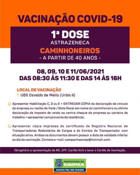 ENÁPOLIS: VACINA COVID-19 – 1ª DOSE PARA CAMINHONEIRO A PARTIR DE 40 ANOS (8,9,10 e 11/06)