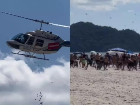 Influenciadora causa alvoroço ao jogar R$10 mil de helicóptero na praia