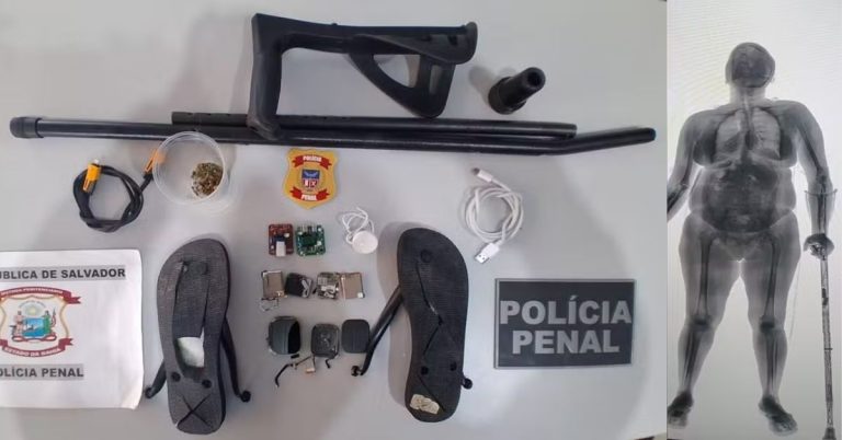 Mãe de detento é presa ao tentar entrar com eletrônicos e drogas em muleta